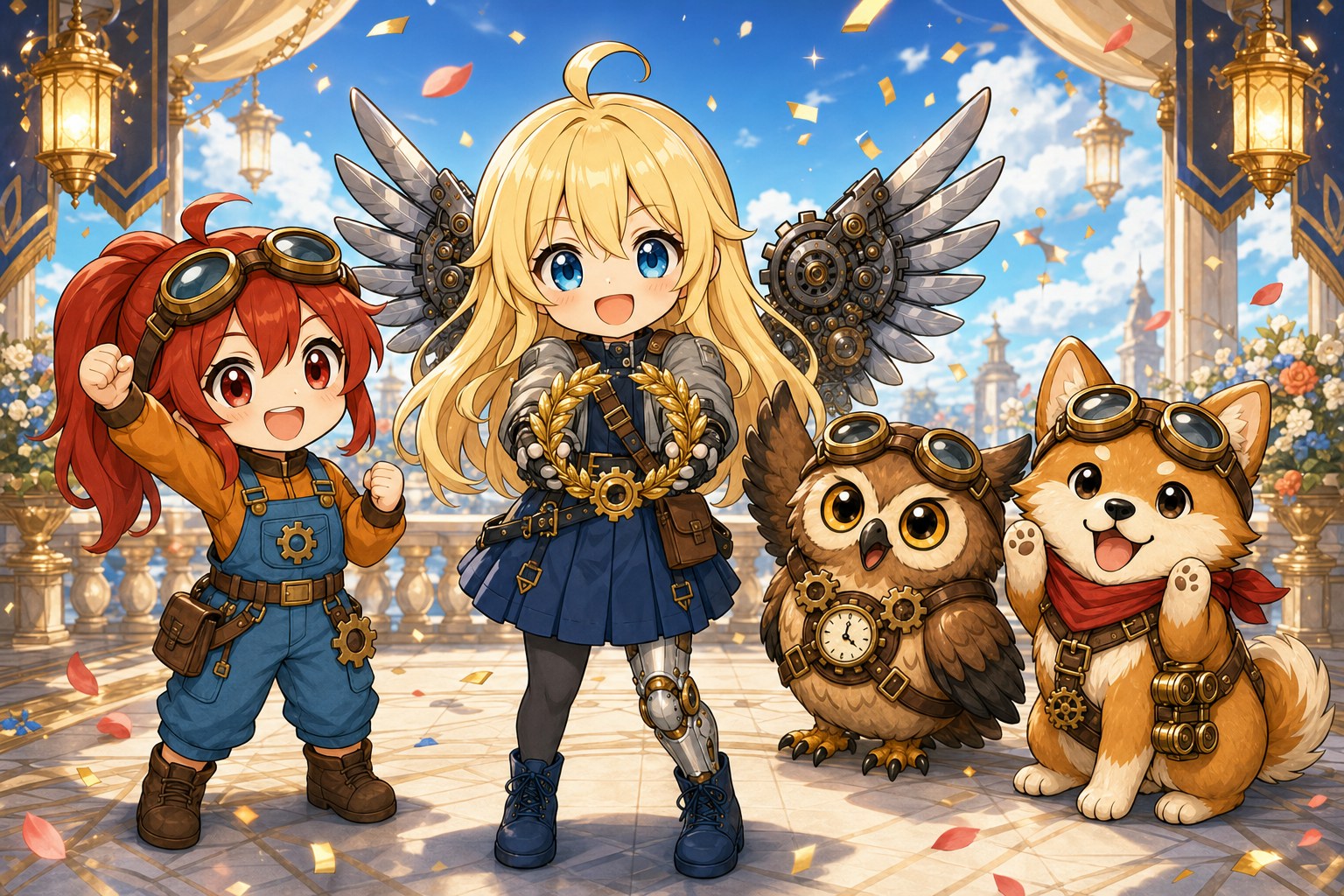 ヒカリ、ソラ、フク、コロがお祝いしている様子